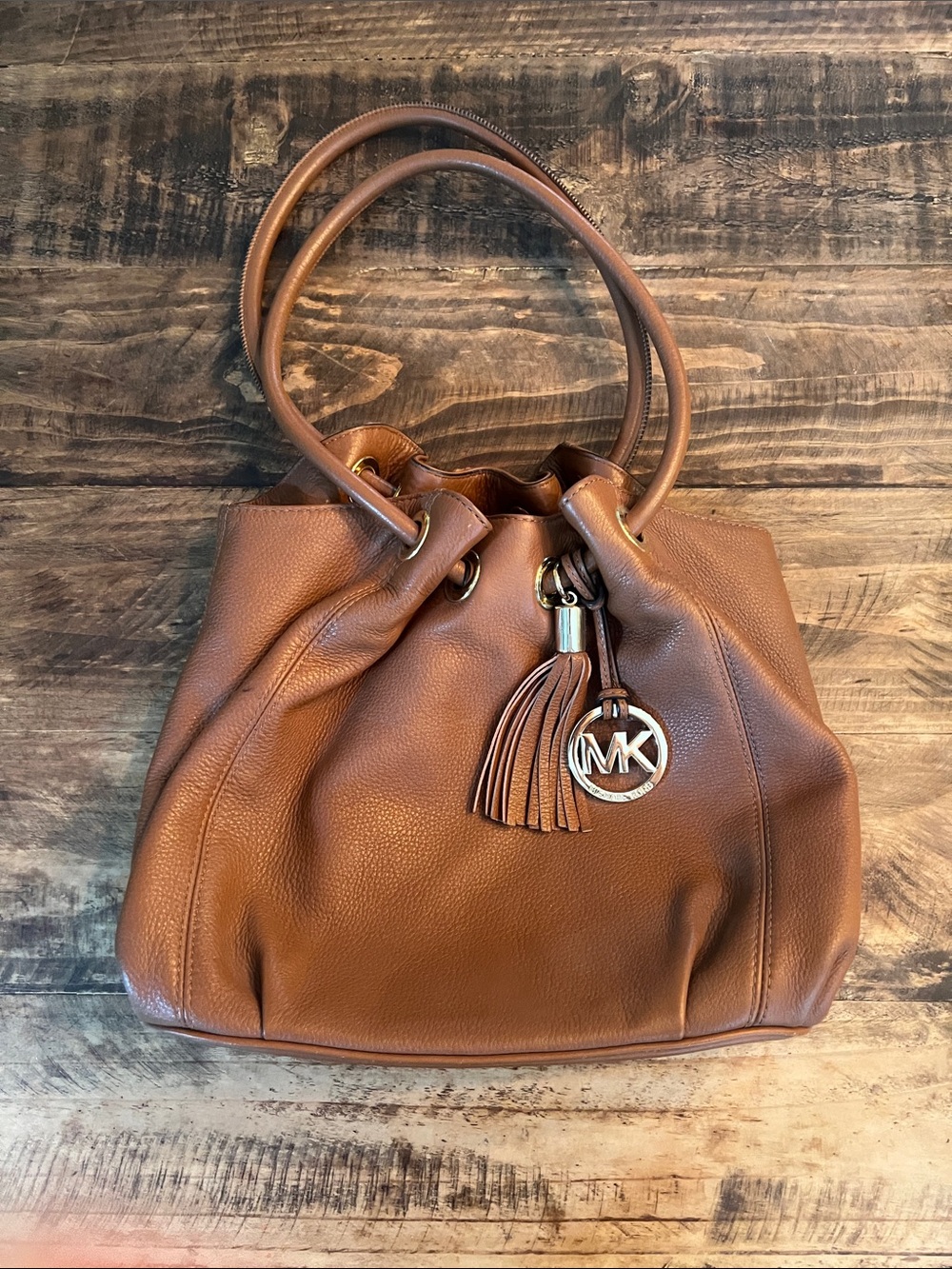 Michael Kors Cognac Pebbled Leather Satchel with Tassel